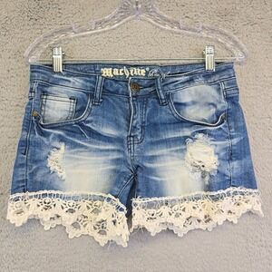 Vintage Machine Denim Shorts Womens 28 Light Wash‎ Scalloped Crochet Trim Ripped